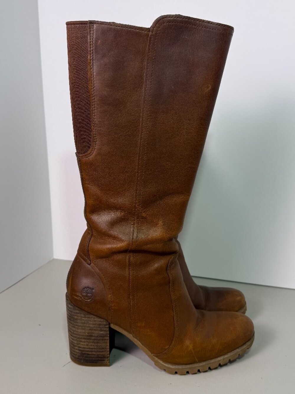 Timberland Swazey Brown Leather Tall Block Heel Riding Boots 8